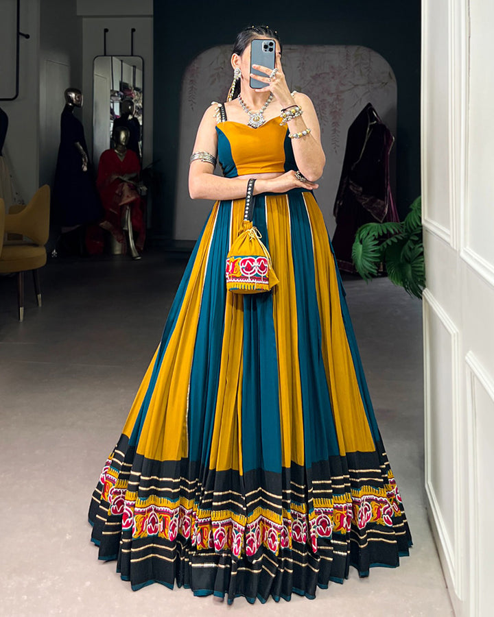 Mustard Color Pure Rayon Navratri Lehenga With Black Choli