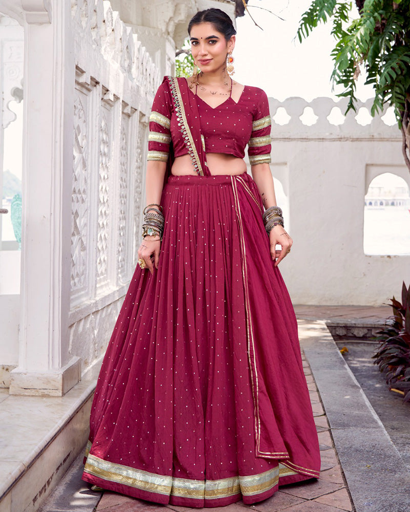 Classic Maroon Color Pure Chanderi Navratri Lehenga Choli
