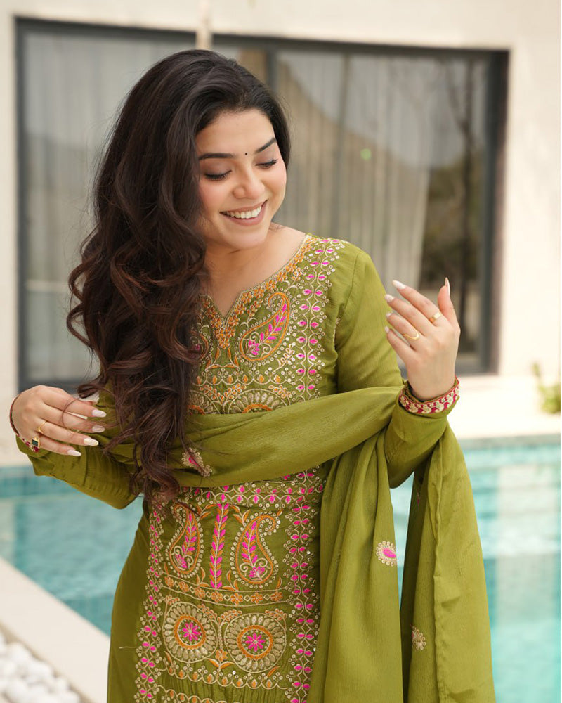 Parrot Color Chinon Embroidered Kurti Suit