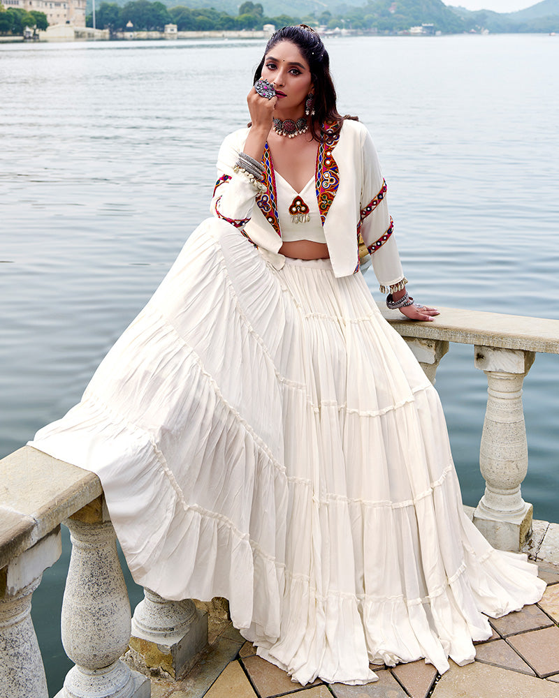 Elegant White Color Pure Rayon Navratri Lehenga Choli