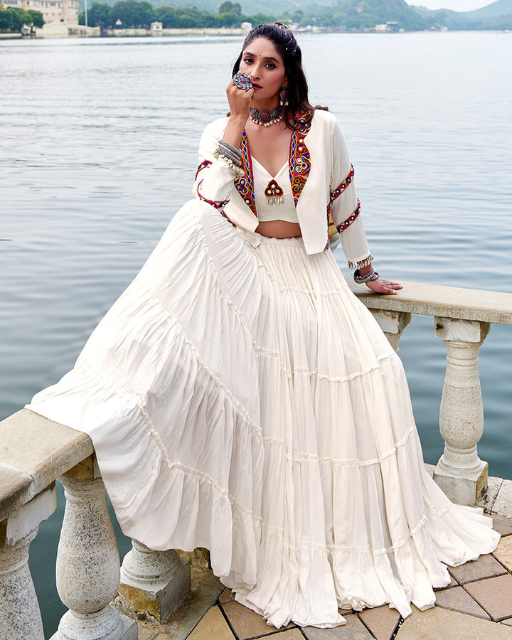 Elegant White Color Pure Rayon Navratri Lehenga Choli