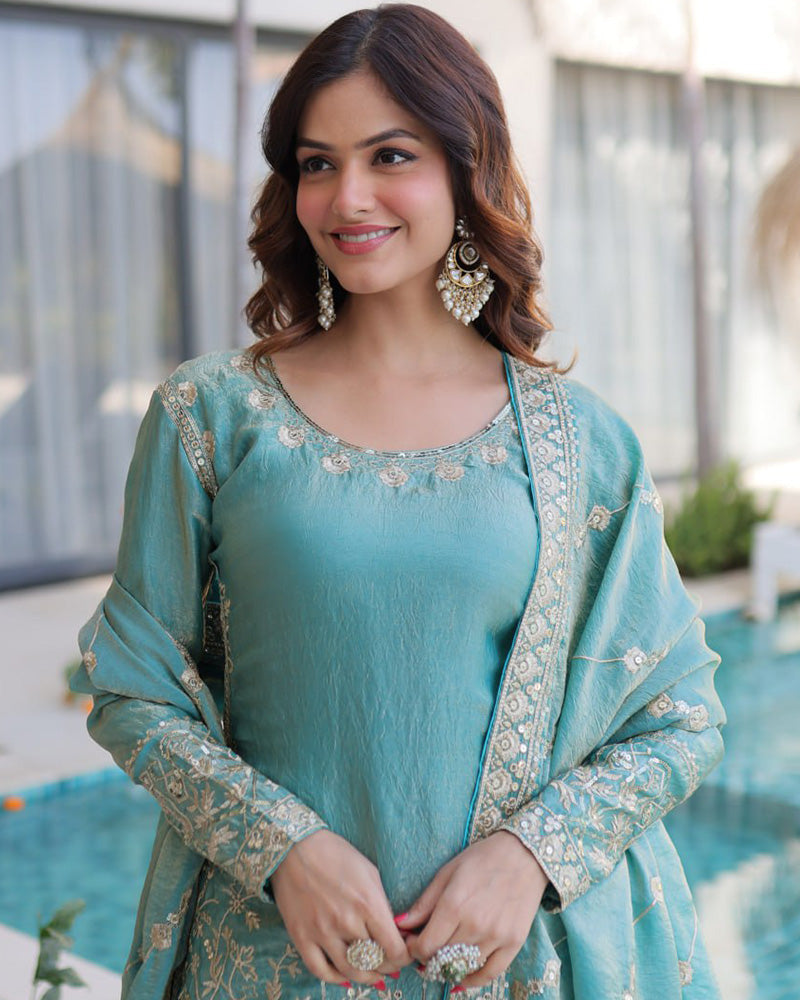 Sky Color Fendi Crush Embroidered Plazzo Suit