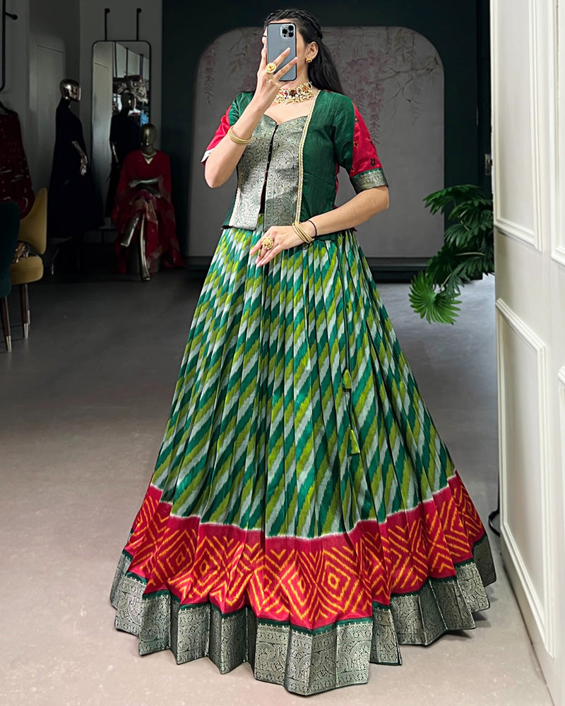 Green Color Tasar Silk Laheriya Printed Lehenga Choli