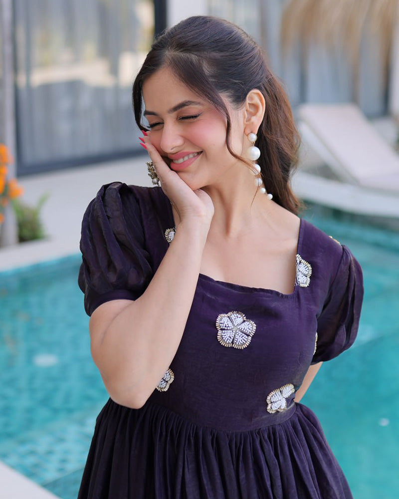 Dark Purple Color Fendi Silk Beads Embroidered Gown