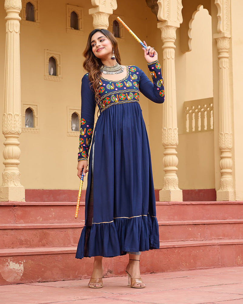 Traditional Blue Pure Rayon Embroidered Navratri Kurti
