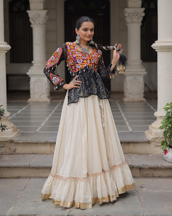 Vibrant Gamthi Work Black Kediya With Off-White Traditional Lehenga