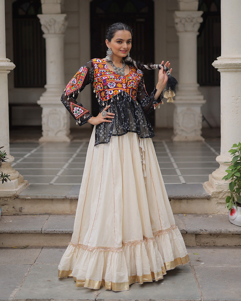 Vibrant Gamthi Work Black Kediya With Off-White Traditional Lehenga