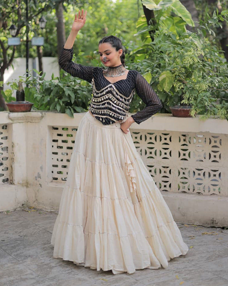 Black Color Laheriya Print Kurti With Kora Cotton Lehenga