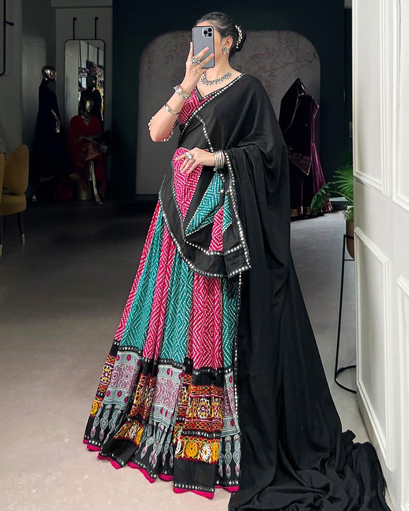 Sky And Pink Bandhej And Ajarakh Print Rayon Navratri Lehenga Choli