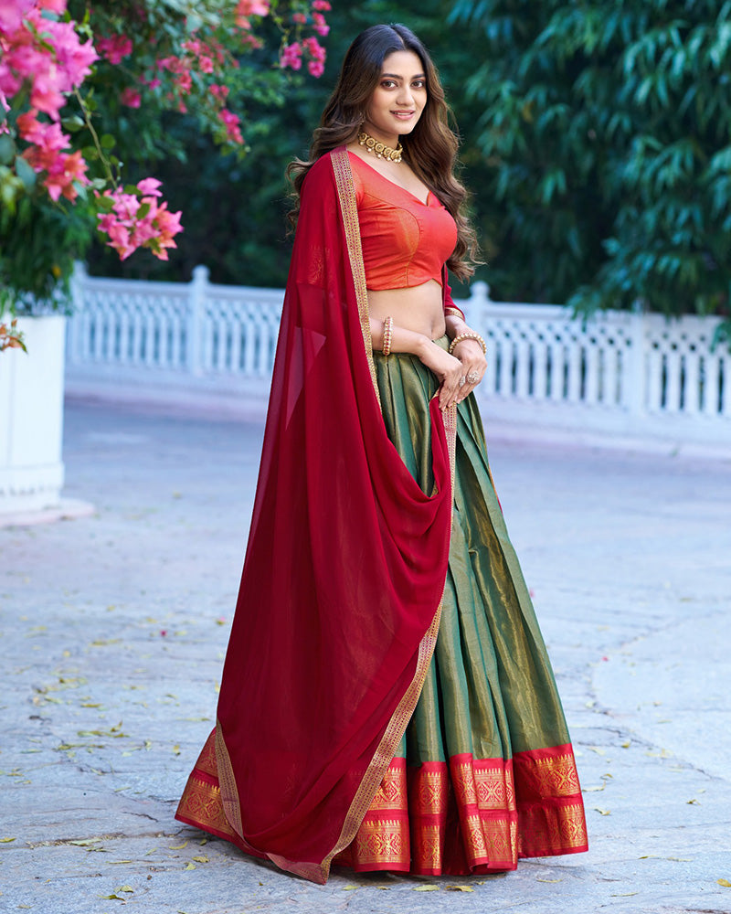Green Color Kanchipuram Silk Designer Half Saree