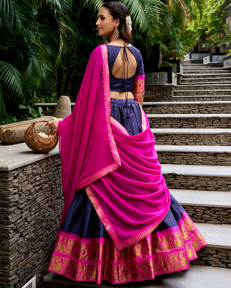 Cultural Blue and Pink Color Poly Cotton Lehenga Chex Half Saree