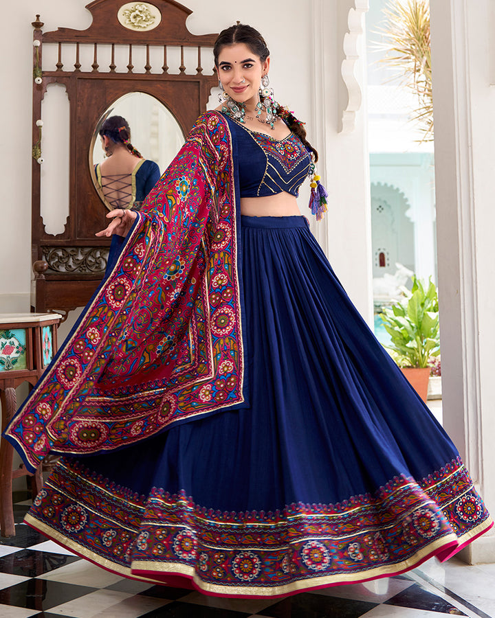 Navy Blue Color Tussar Silk Full Stitched Navratri Lehenga Choli