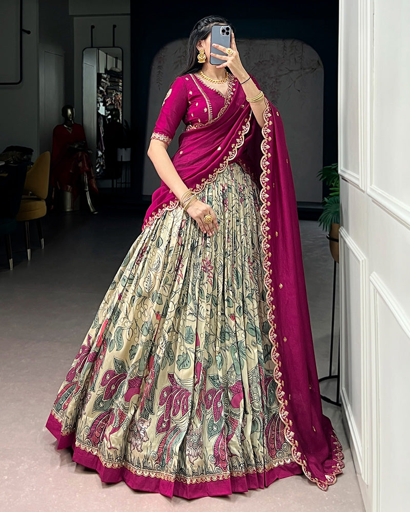 Cream Color Tussar Silk Kalamkari Printed Lehenga Choli