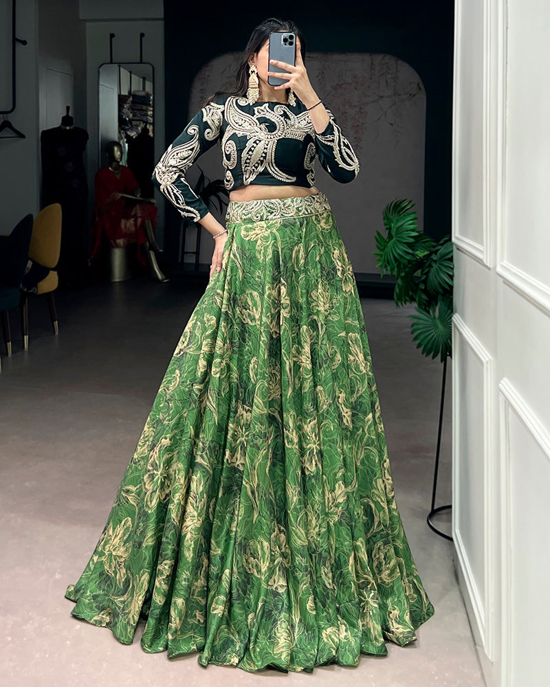 Firozi Green Color Tasar Silk Printed Embroidered Lehenga Choli