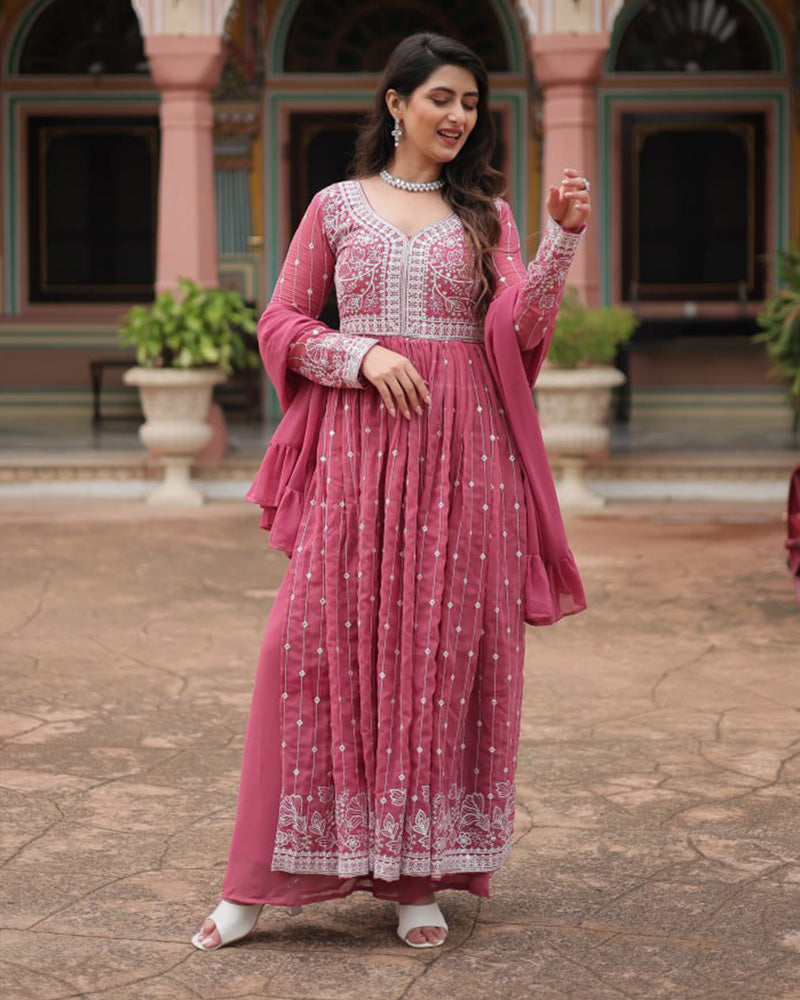Dusty Mauve Color faux Georgette Embroidered Sharara Suit