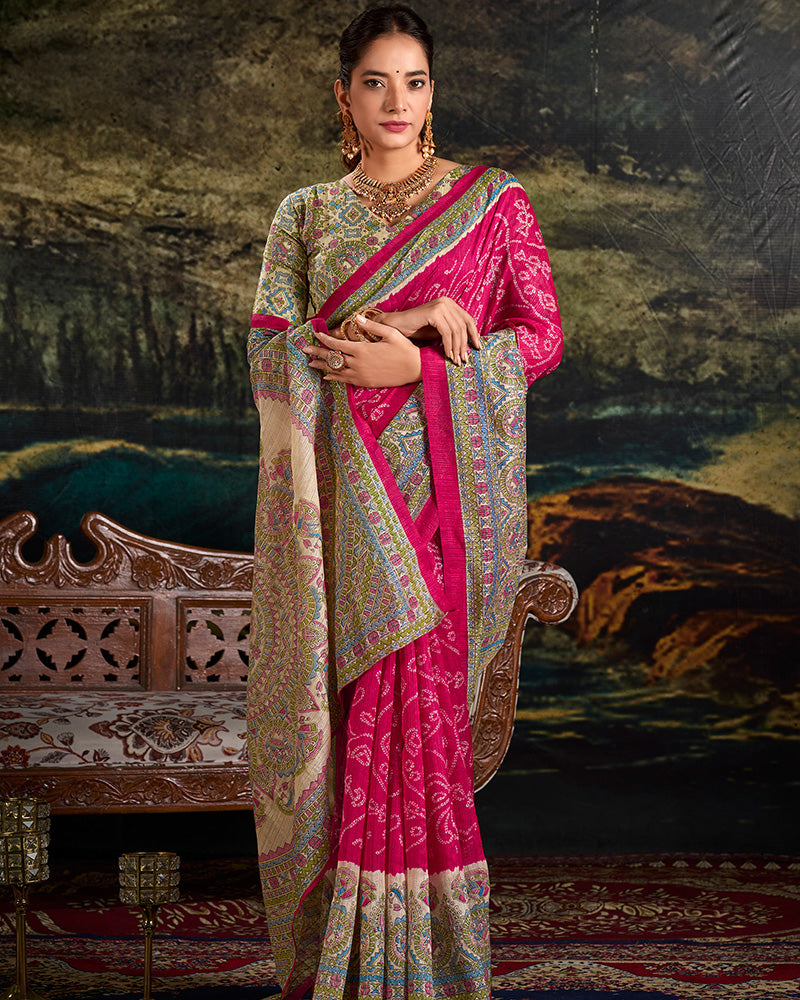 Pink Color Green Silk Fusion Printed Saree