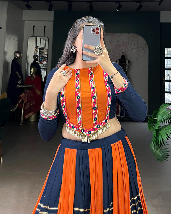 Navy Blue-Orange Color Pure Rayon Navratri Lehenga Choli