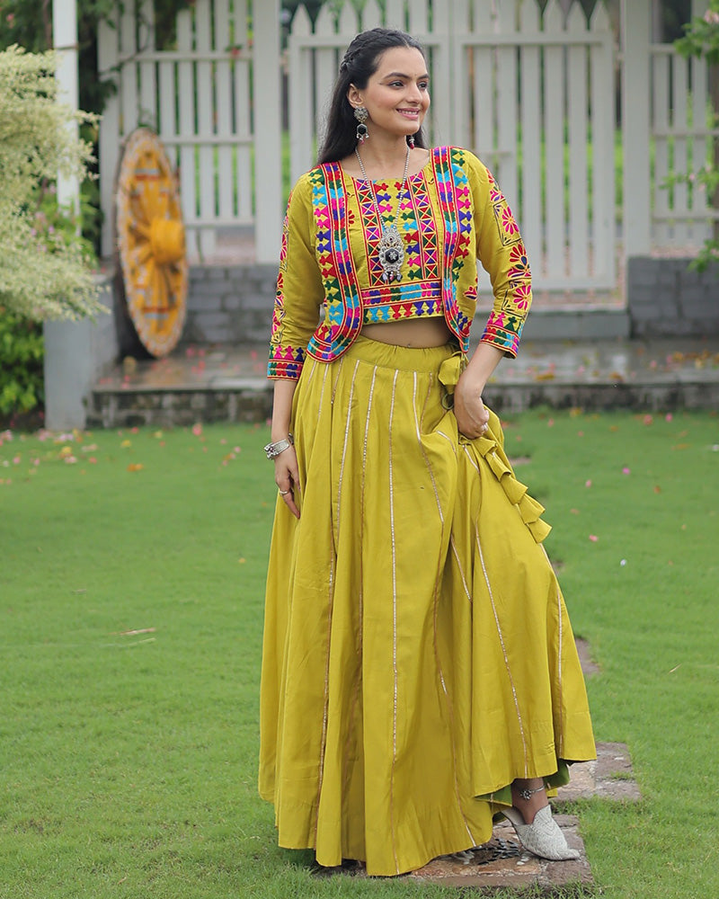 Elegant Lime Green Mirror Work Navratri Lehenga With Jacket Style Blouse