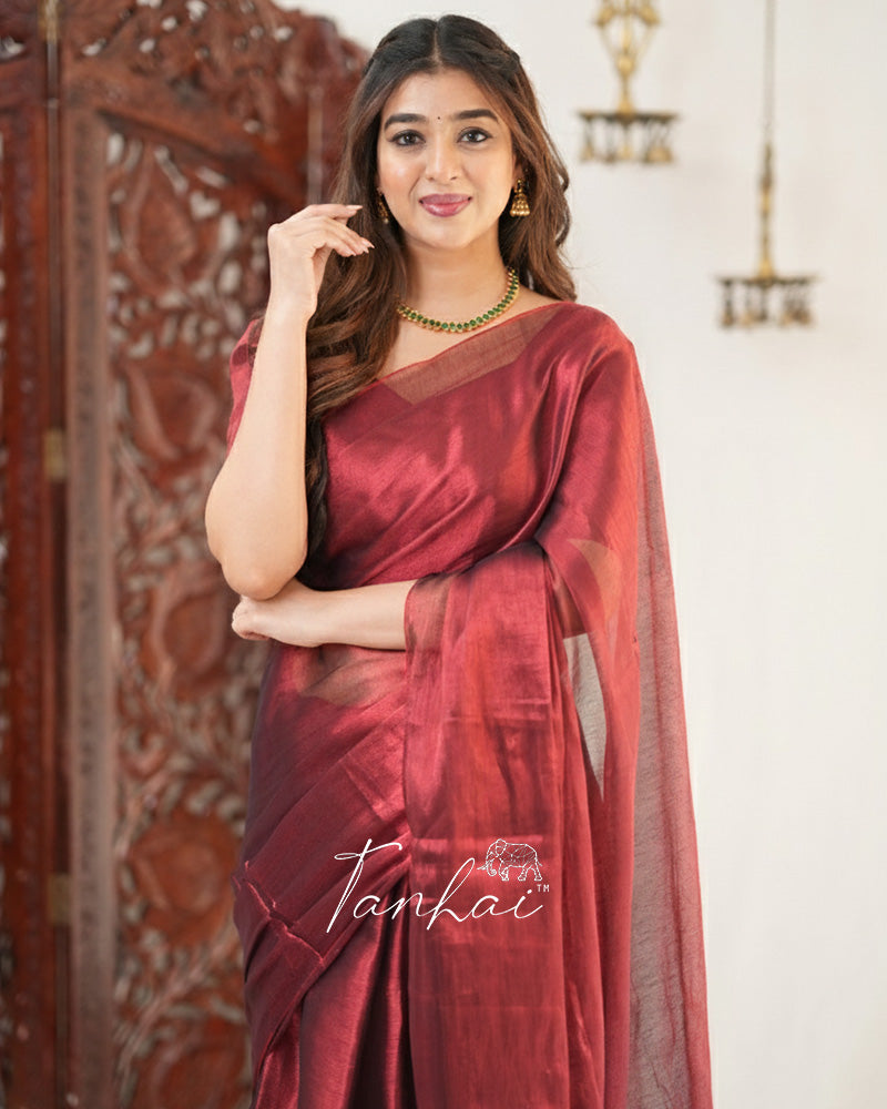 Maroon Color Handloom Raga Tissue Cotton Saree