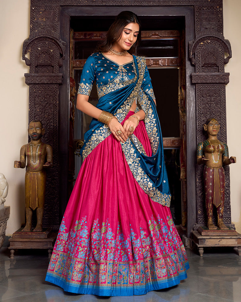 Pink Color Tussar Silk Printed And Foil Work Lehenga Choli
