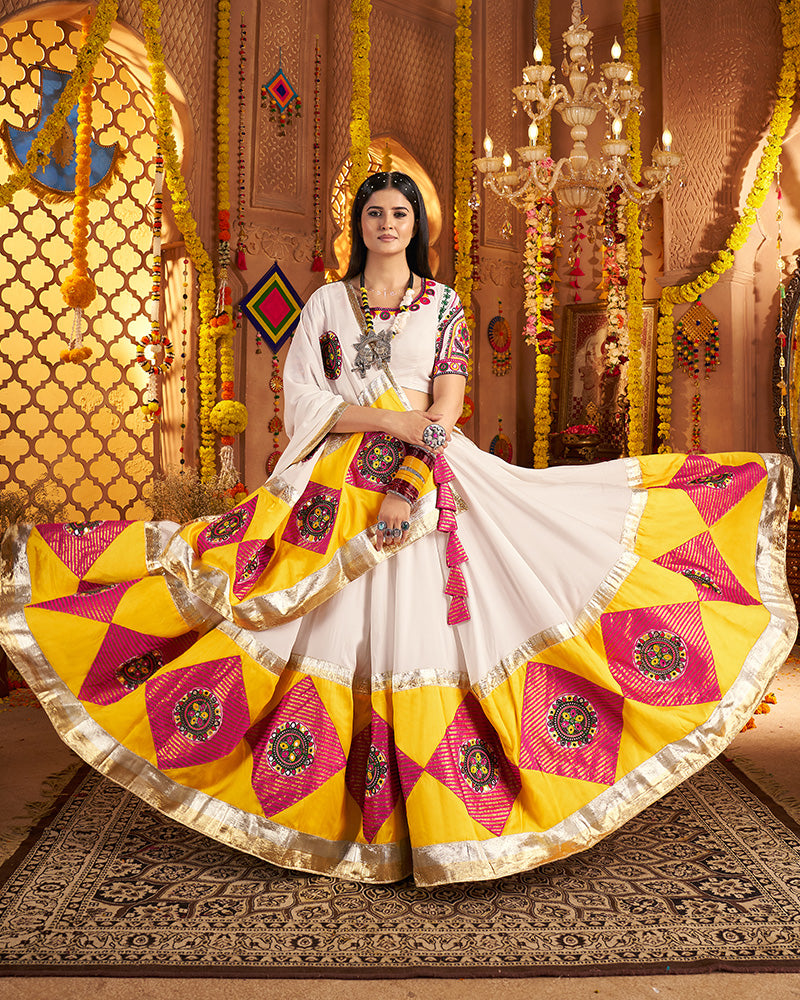 White Viscose Cotton Embroidered Navratri Chaniya Choli