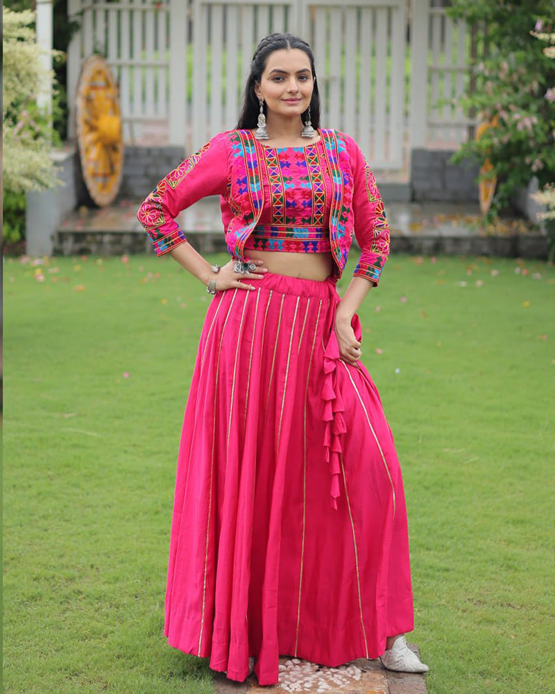Elegant Pink Mirror Work Navratri Lehenga With Jacket Style Blouse