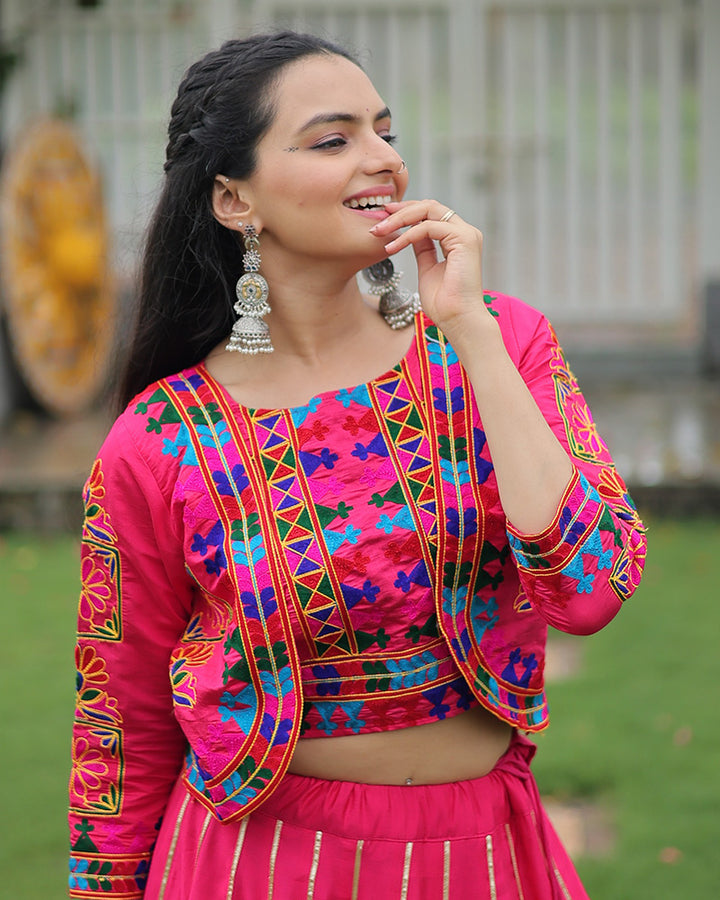Elegant Pink Mirror Work Navratri Lehenga With Jacket Style Blouse