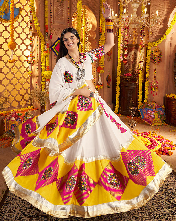White Viscose Cotton Embroidered Navratri Chaniya Choli