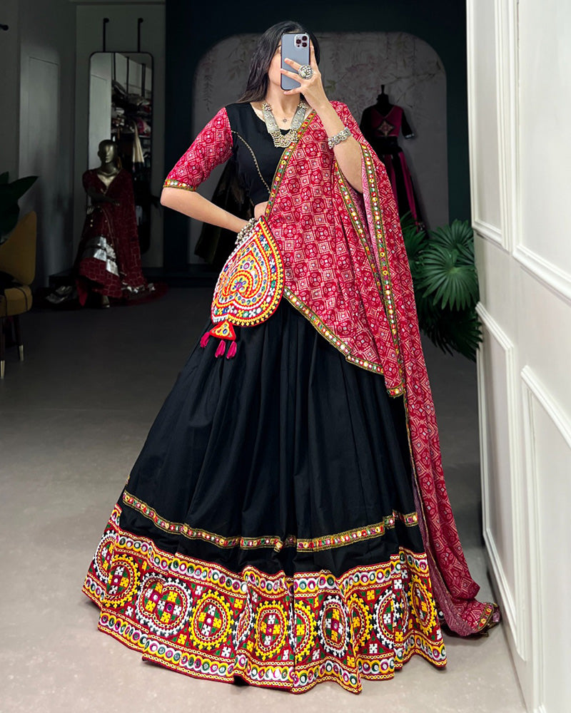 Trending Indian Navratri Black color Cotton outlets plainlehenga withOriginal MirrorHandworkblousewithOriginalBandhejSilkDupattalehengacholiforwomen