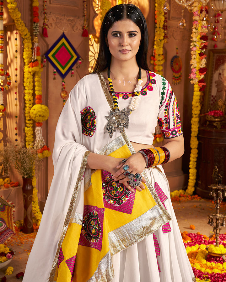 White Viscose Cotton Embroidered Navratri Chaniya Choli