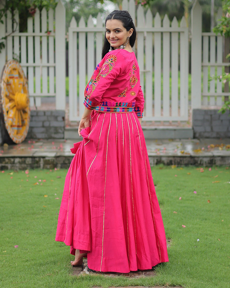 Elegant Pink Mirror Work Navratri Lehenga With Jacket Style Blouse
