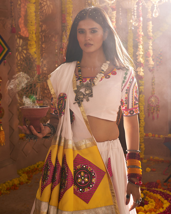 White Viscose Cotton Embroidered Navratri Chaniya Choli
