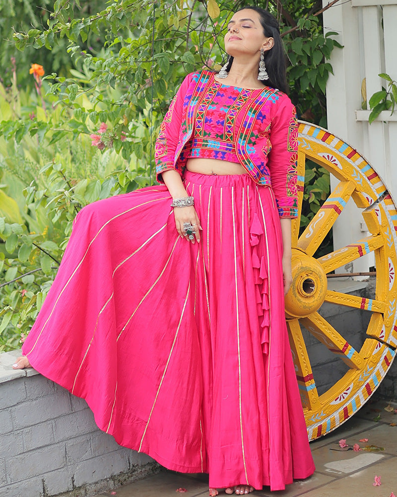 Elegant Pink Mirror Work Navratri Lehenga With Jacket Style Blouse