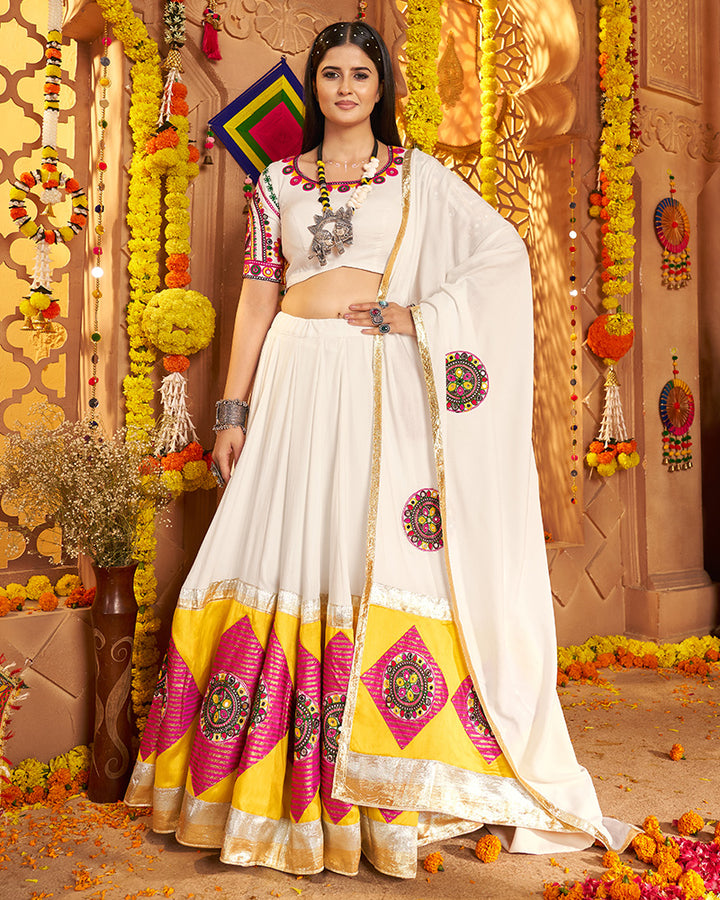 White Viscose Cotton Embroidered Navratri Chaniya Choli