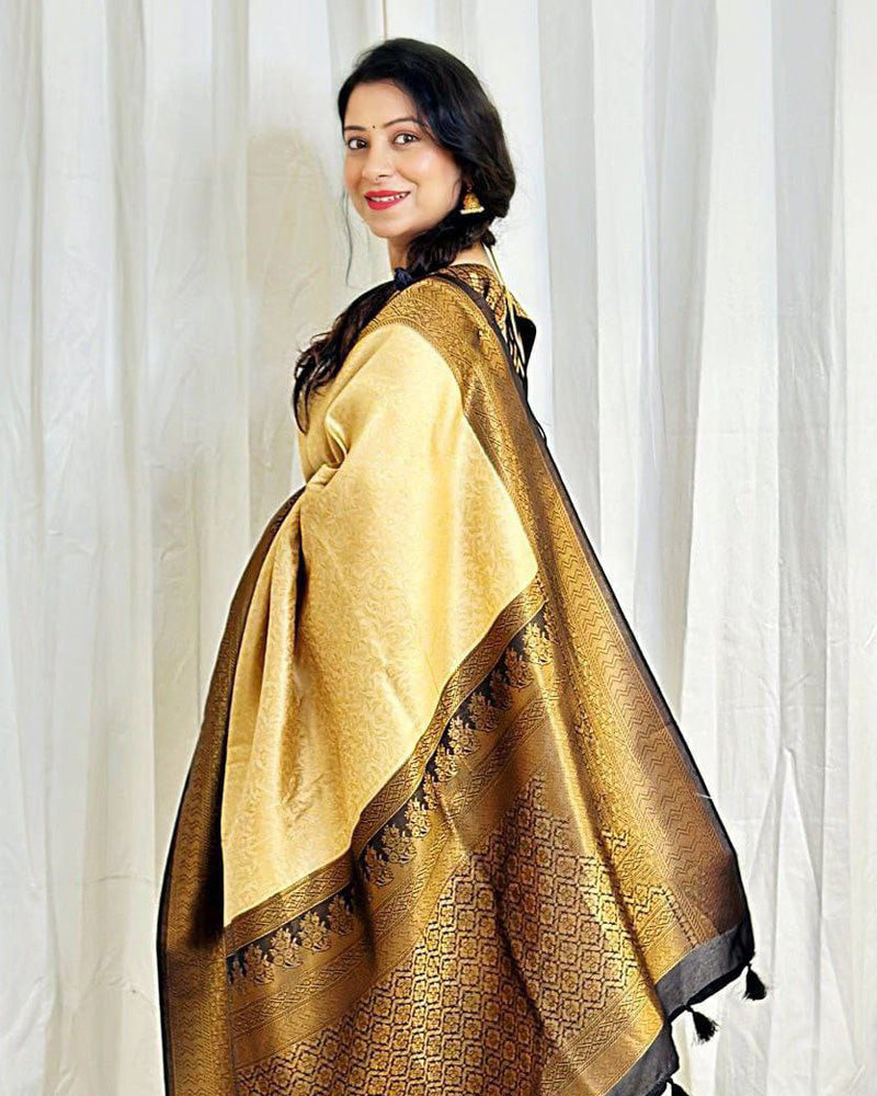 Beautiful Golden Color Soft Lichi Silk Saree