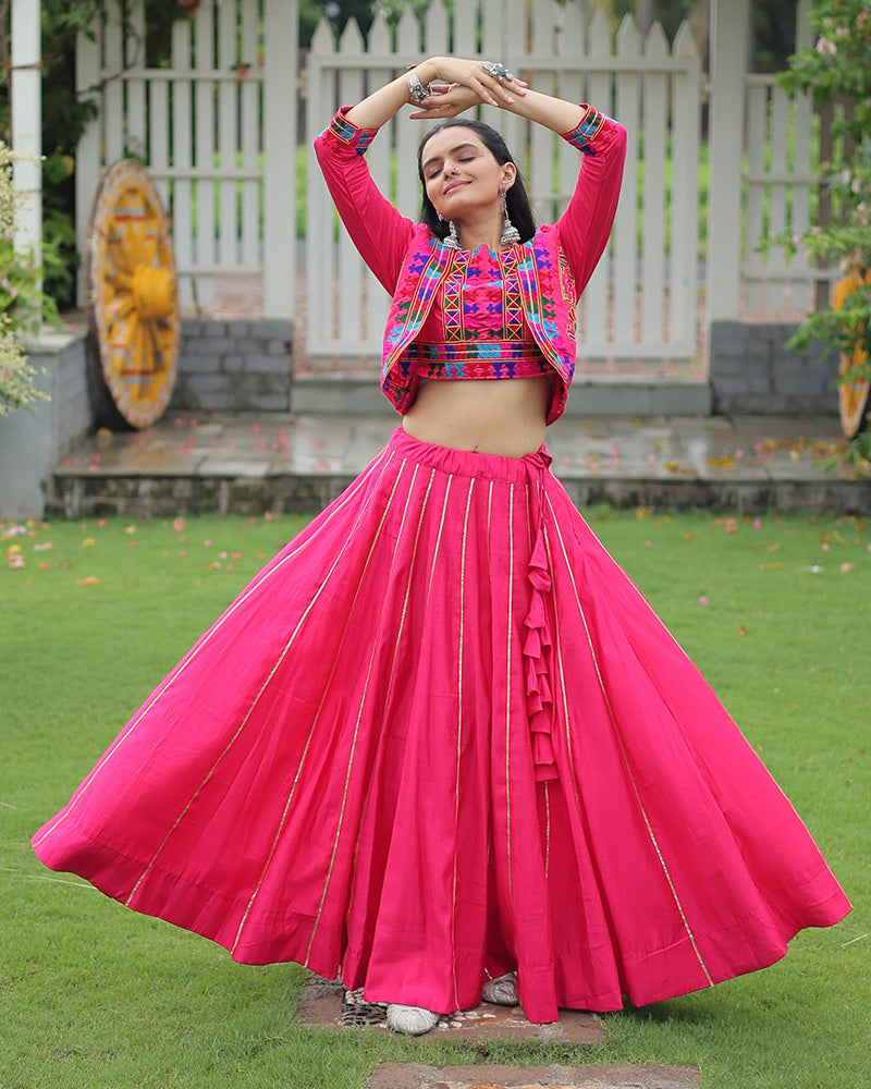 Elegant Pink Mirror Work Navratri Lehenga With Jacket Style Blouse