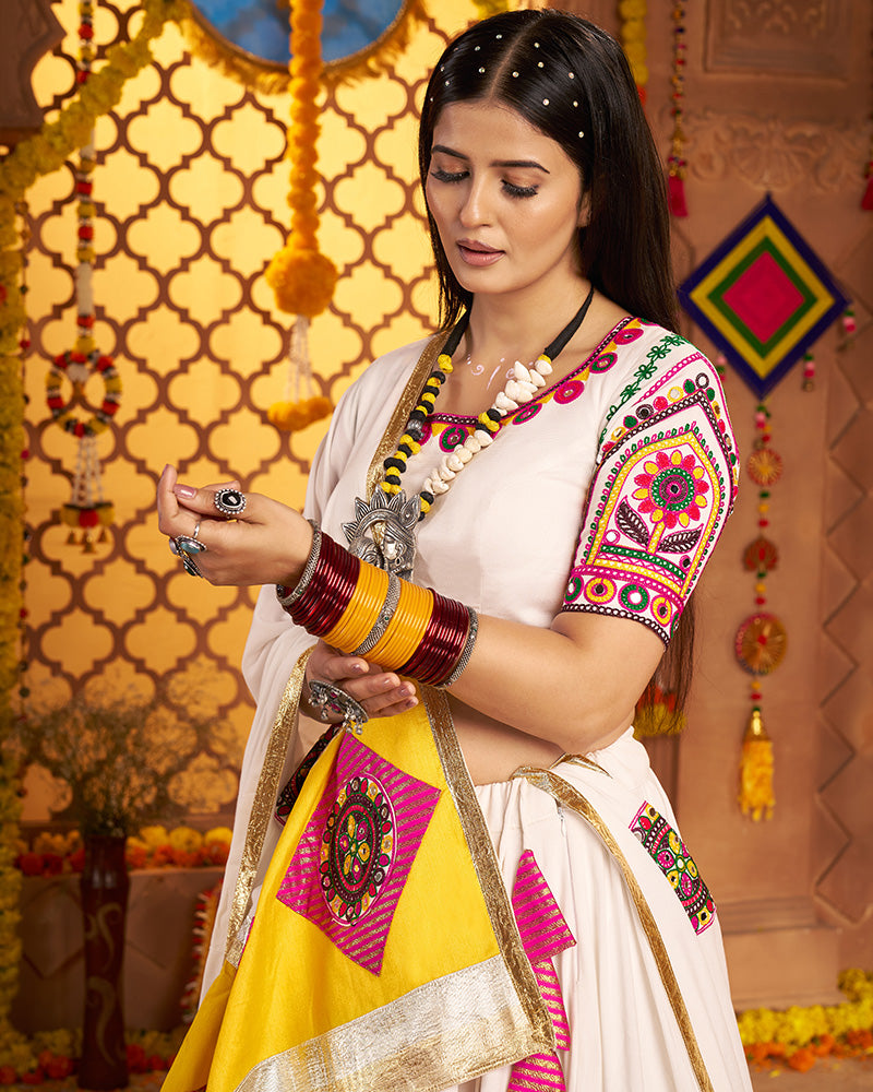 White Viscose Cotton Embroidered Navratri Chaniya Choli