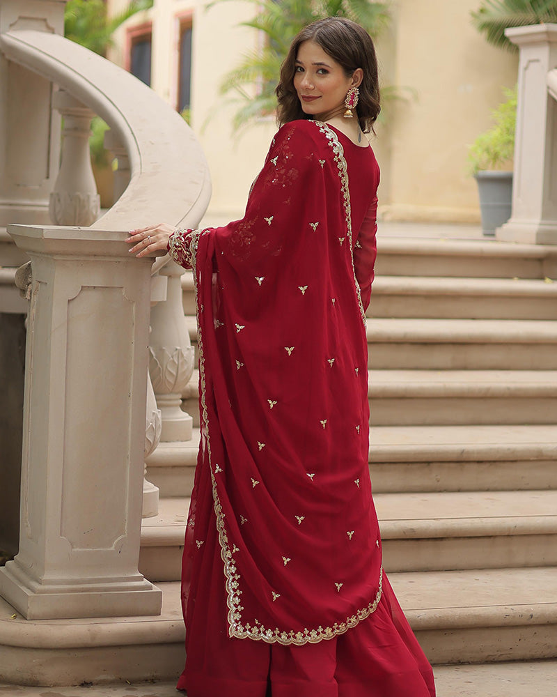 Maroon Color Faux Blooming Multi Embroidered Work Gown