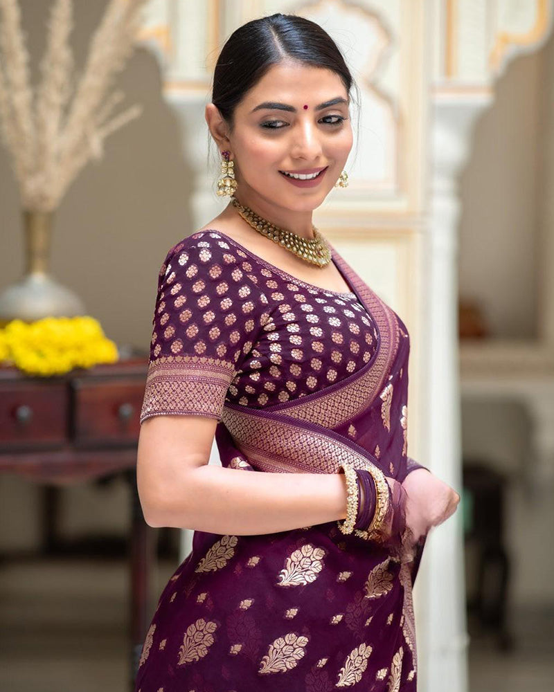 Wine Color Banarasi All Over Jacquard Soft Silk Saree