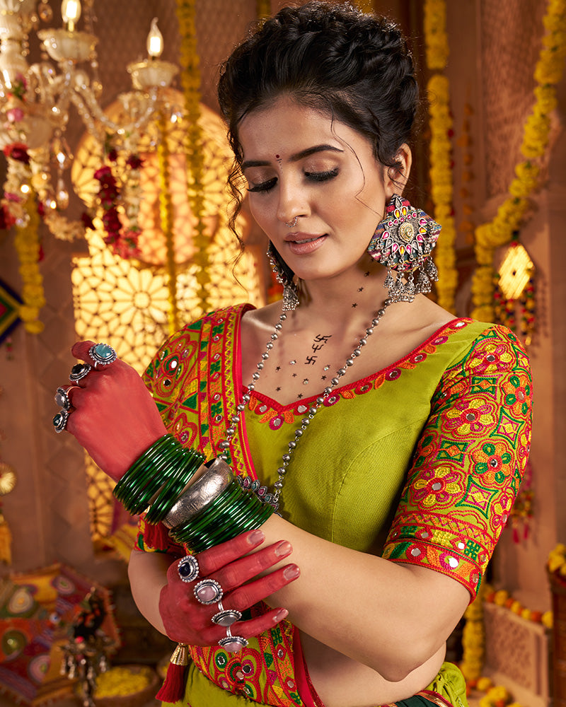 Designer Fluorescent Green Embroidered Choli for Navratri Celebrations