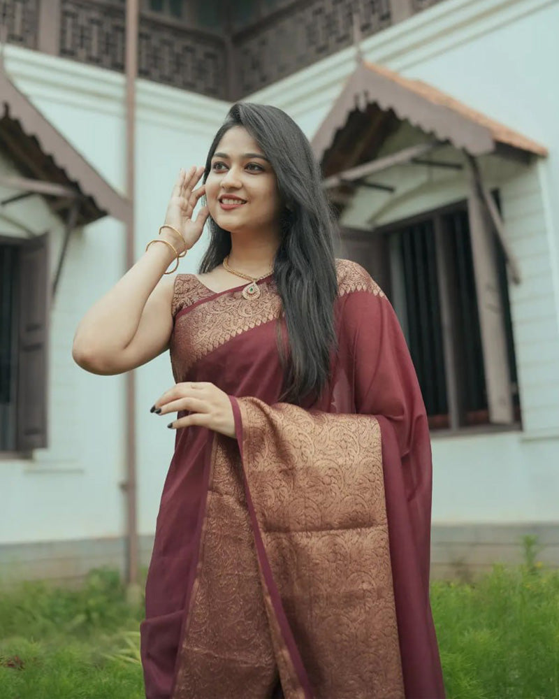 Beautiful Brown Color Jacquard Print Banarasi Soft Silk Saree