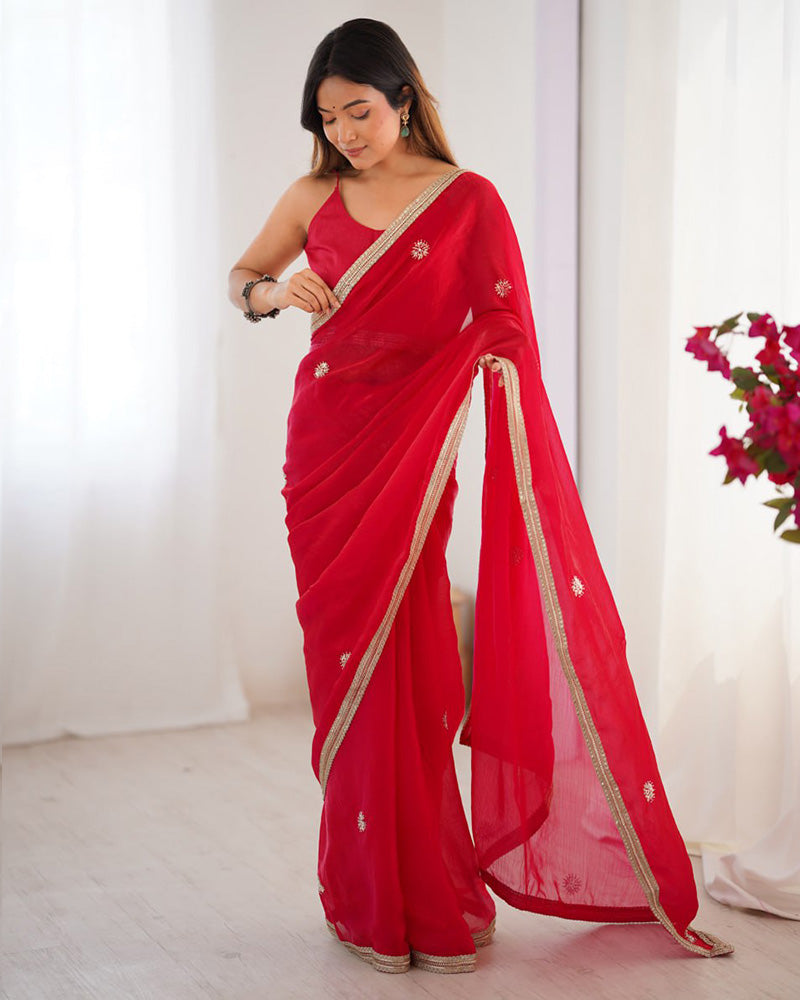 Rani Pink Color Smooth Fandy Embroidered Saree