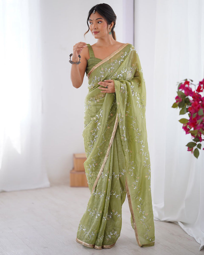 Pista Color Smooth Gold Crush Embroidered Saree