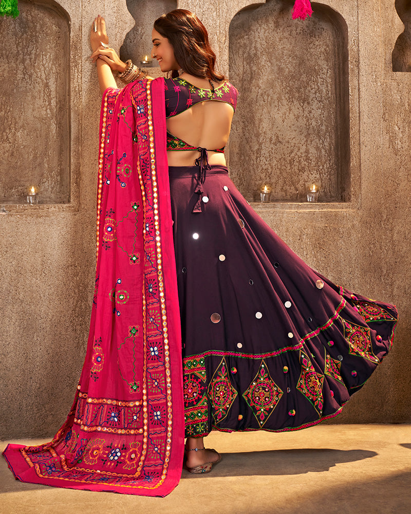 Purple Color Viscose Rayon Mirror Work Navratri Lehenga Choli