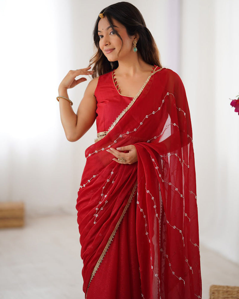 Red Color Smooth Sitara Embroidered Saree