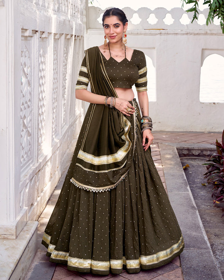 Classic Mehndi Color Pure Chanderi Navratri Lehenga Choli