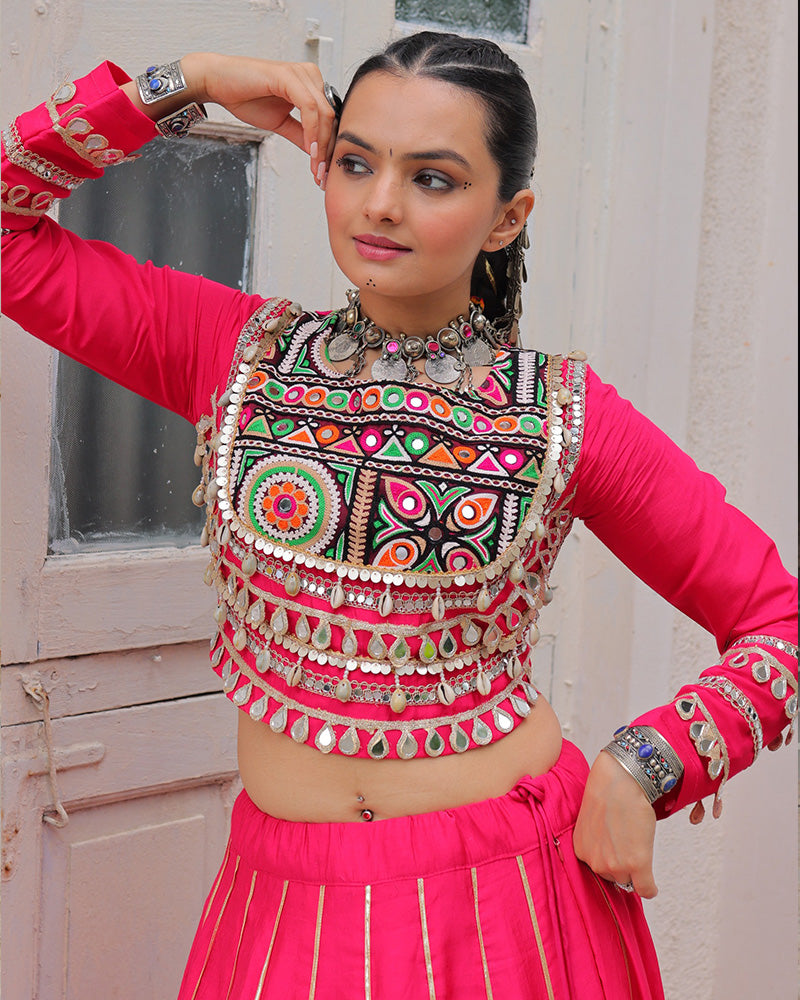 Pink Color Roman Silk Navratri Lehenga Choli
