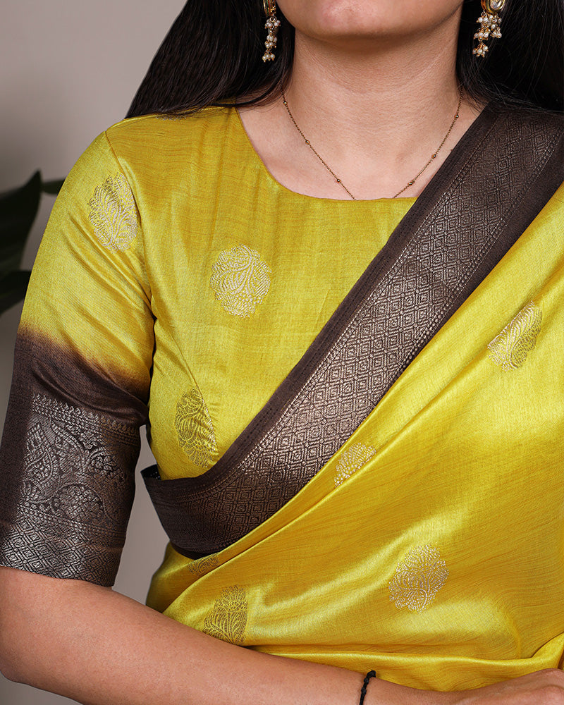 Bright Yellow Color Rumali Silk Zari Weaving Saree