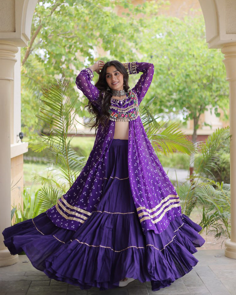 Purple Color Bandhani Printed Kurti With Kora Cotton Lehenga Choli