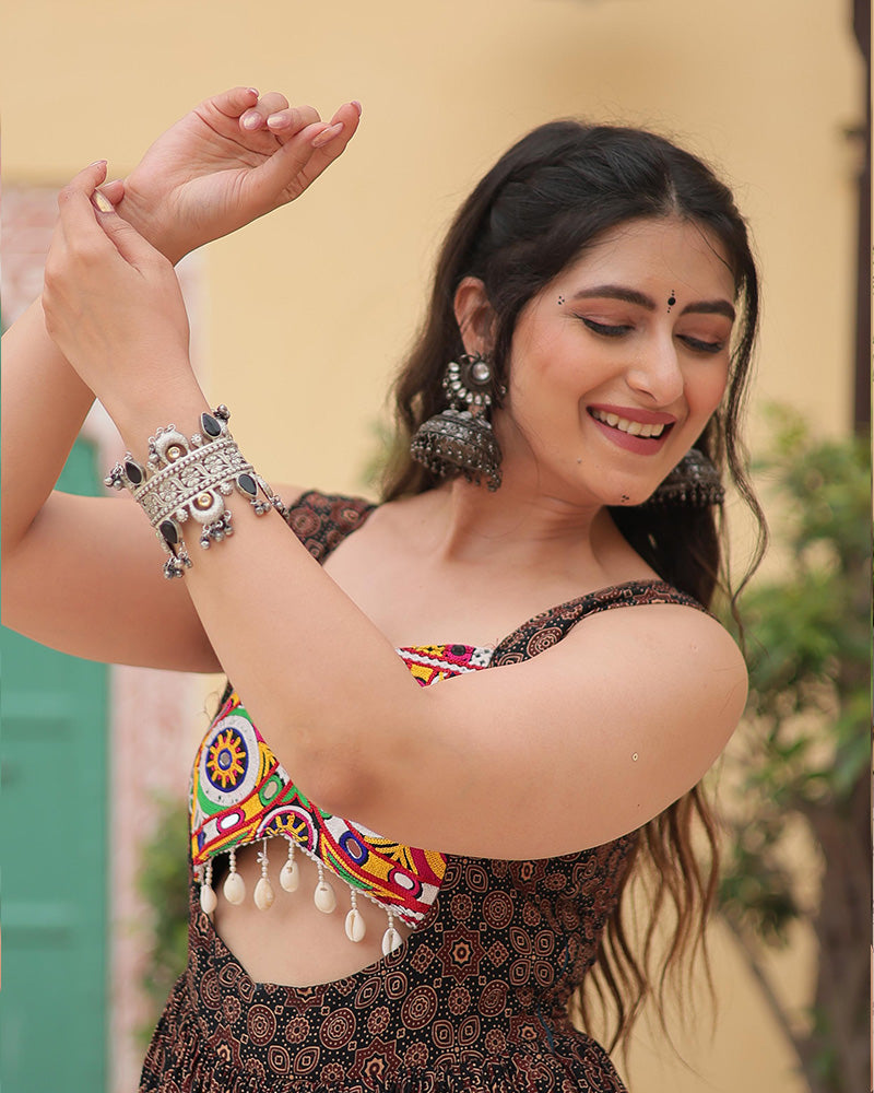 Black Color Cotton Printed Navratri Gown